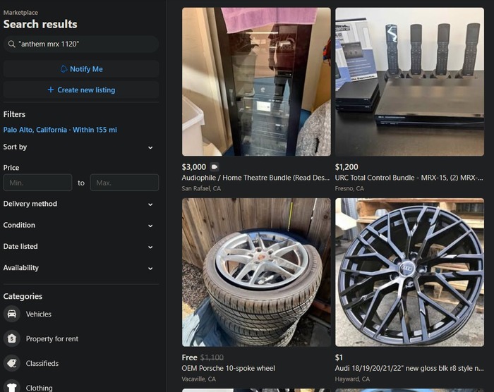 A Facebook Marketplace search for the home theater receiver query '