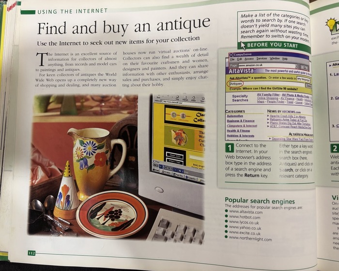 A vintage instructional guide showing a 1900s-era AltaVista search engine screenshot, instructions on basic internet searching, and a list of defunct and classic search engine URLs.